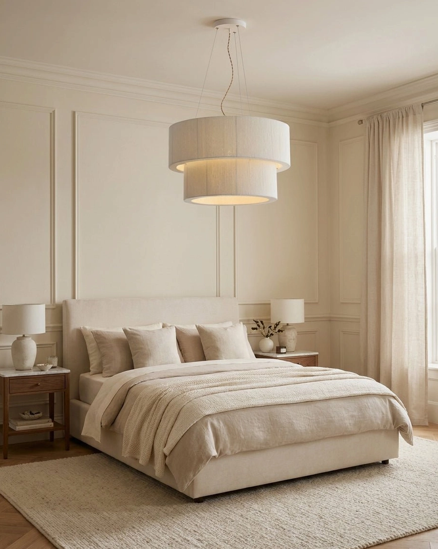 Cream cotton-thread pendant light hanging in neutral luxury master bedroom with paneled white walls and beige bedding, soft warm ambient lighting