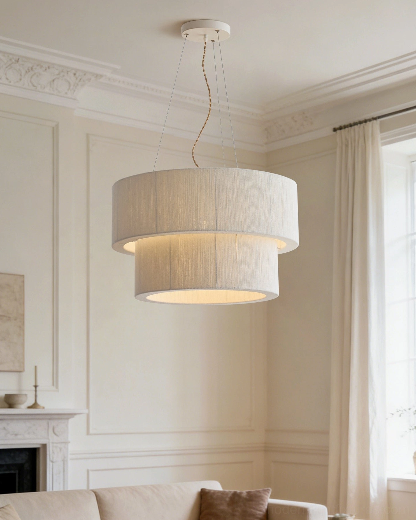 White iron canopy and adjustable suspension wire system for Lunessa two-tier cotton drum pendant light, installation detail