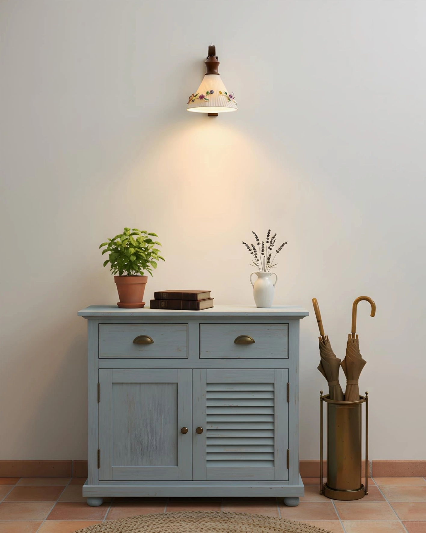 Vintage ceramic flower sconce in American country entryway with blue storage cabinet and umbrella stand