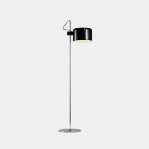 Coupé adjustable floor lamp with chrome and black metal finish, front view on white background
