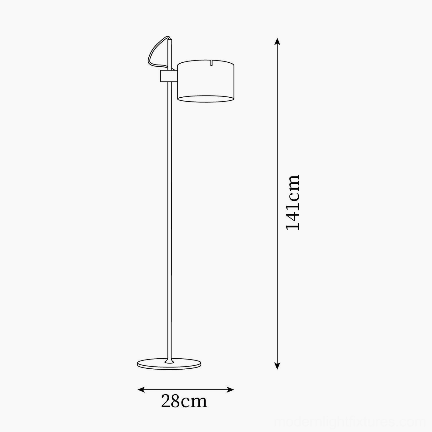 Technical dimension diagram of Coupé floor lamp showing 141cm height and 28cm base diameter measurements