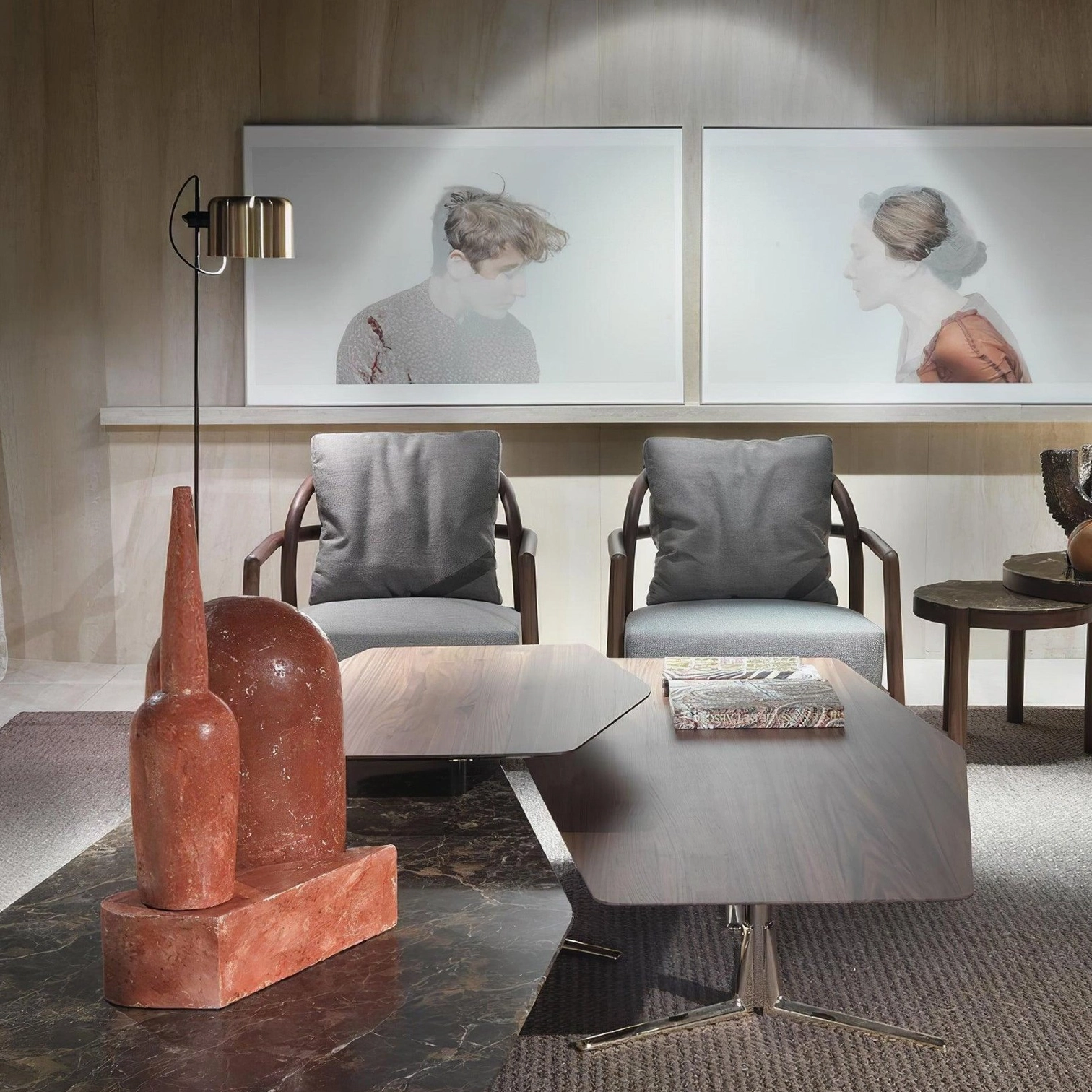 Minimalist metal floor lamp with adjustable head and foot switch control in modern interior