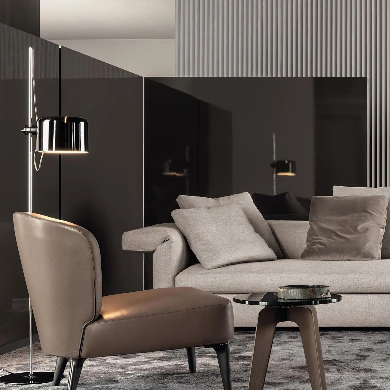 Coupé floor lamp demonstrating side-to-side rotation capability in room lighting demonstration