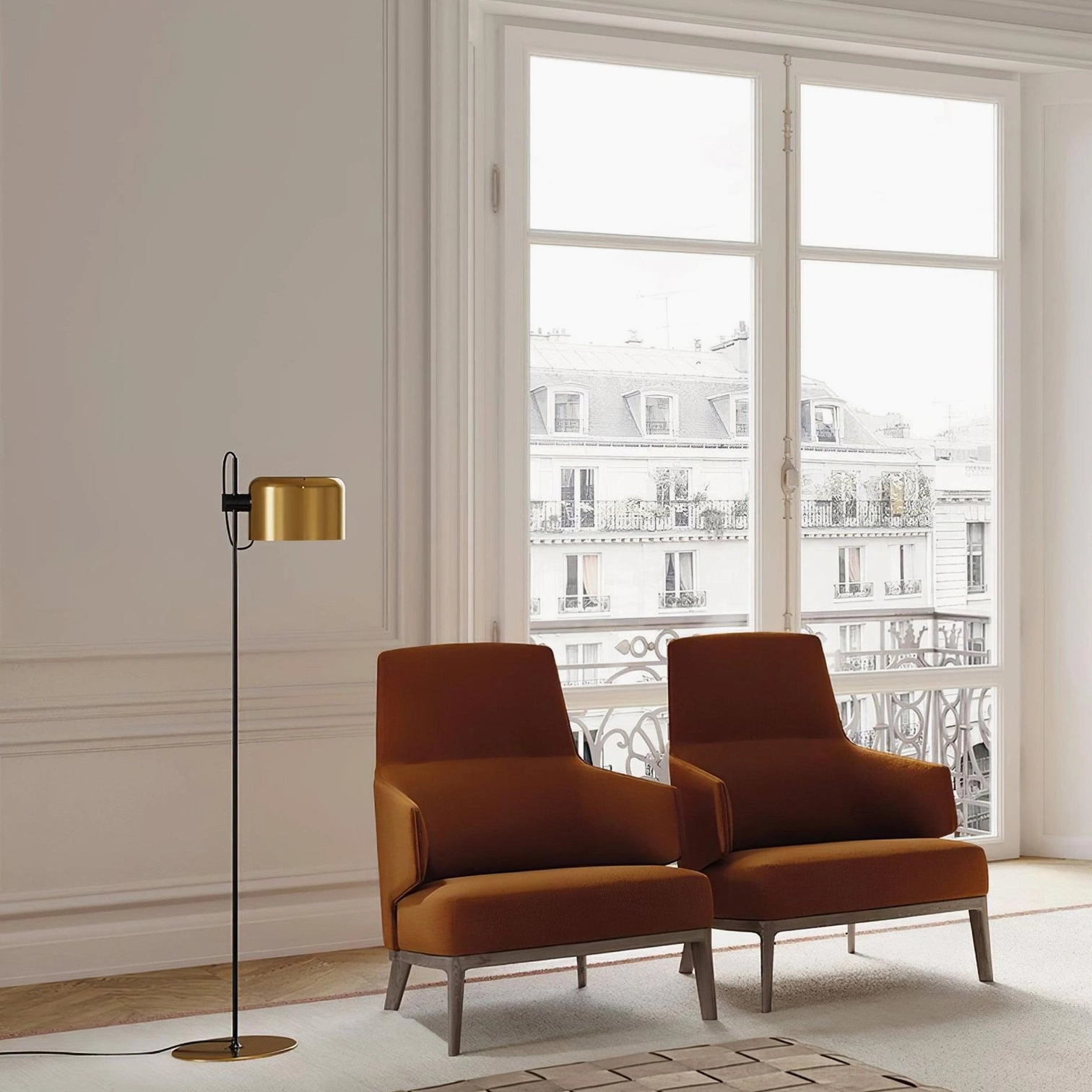 Modern Coupé floor lamp vertical adjustment feature in functional home interior setting