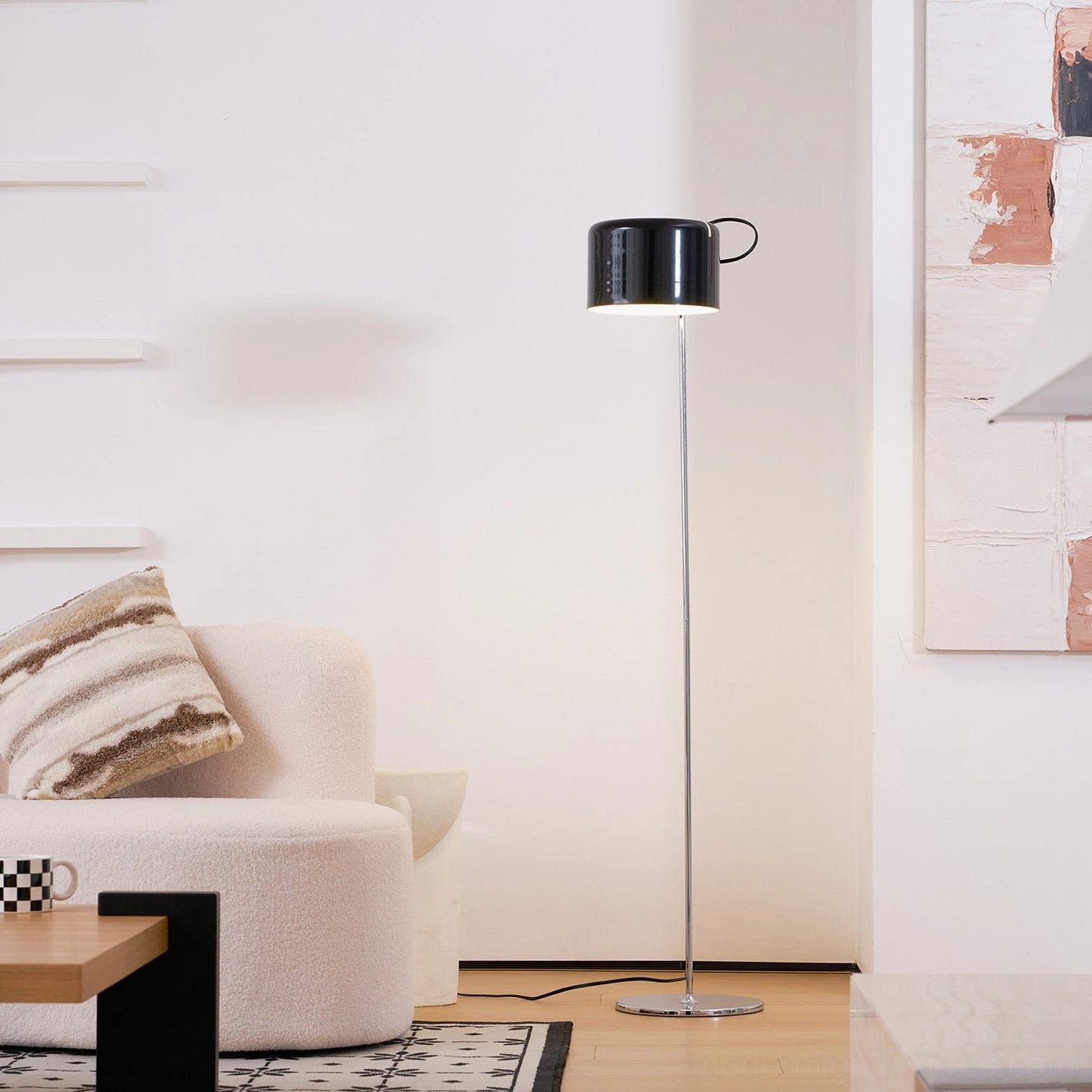 Industrial style articulated floor lamp with metal construction in modern loft interior