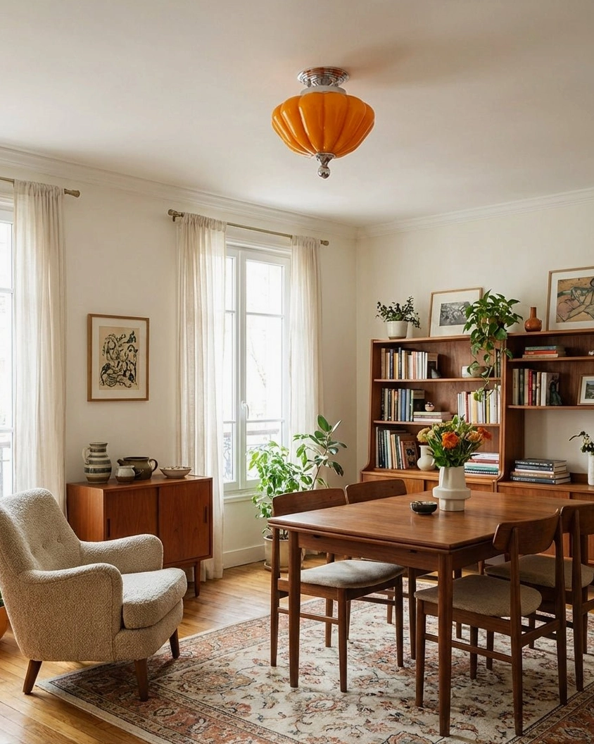 Cozy vintage dining room with warm orange glass semi-flush light delivering ambient overhead illumination