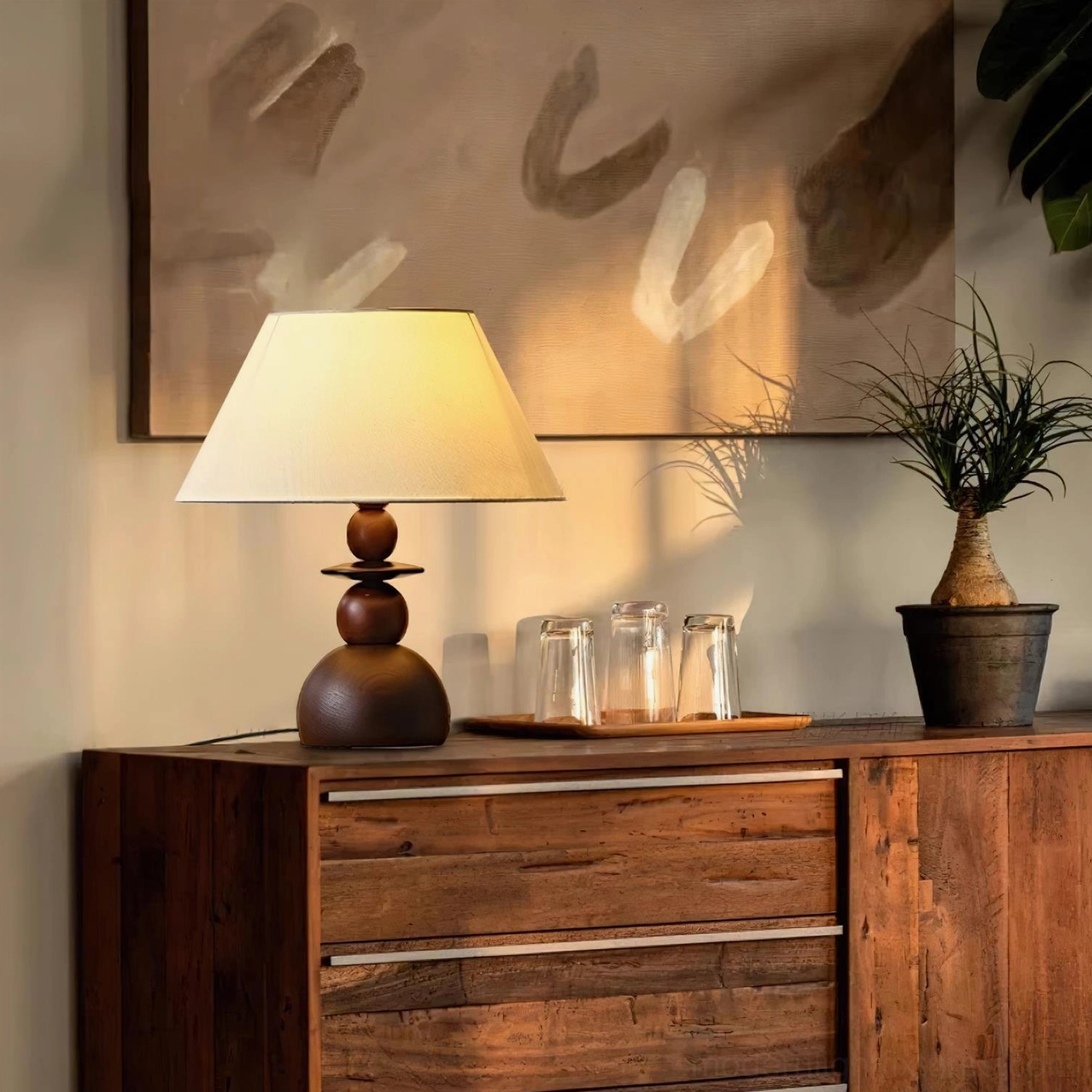 Modern table lamp combining walnut wood craftsmanship with soft fabric shade for ambient room lighting