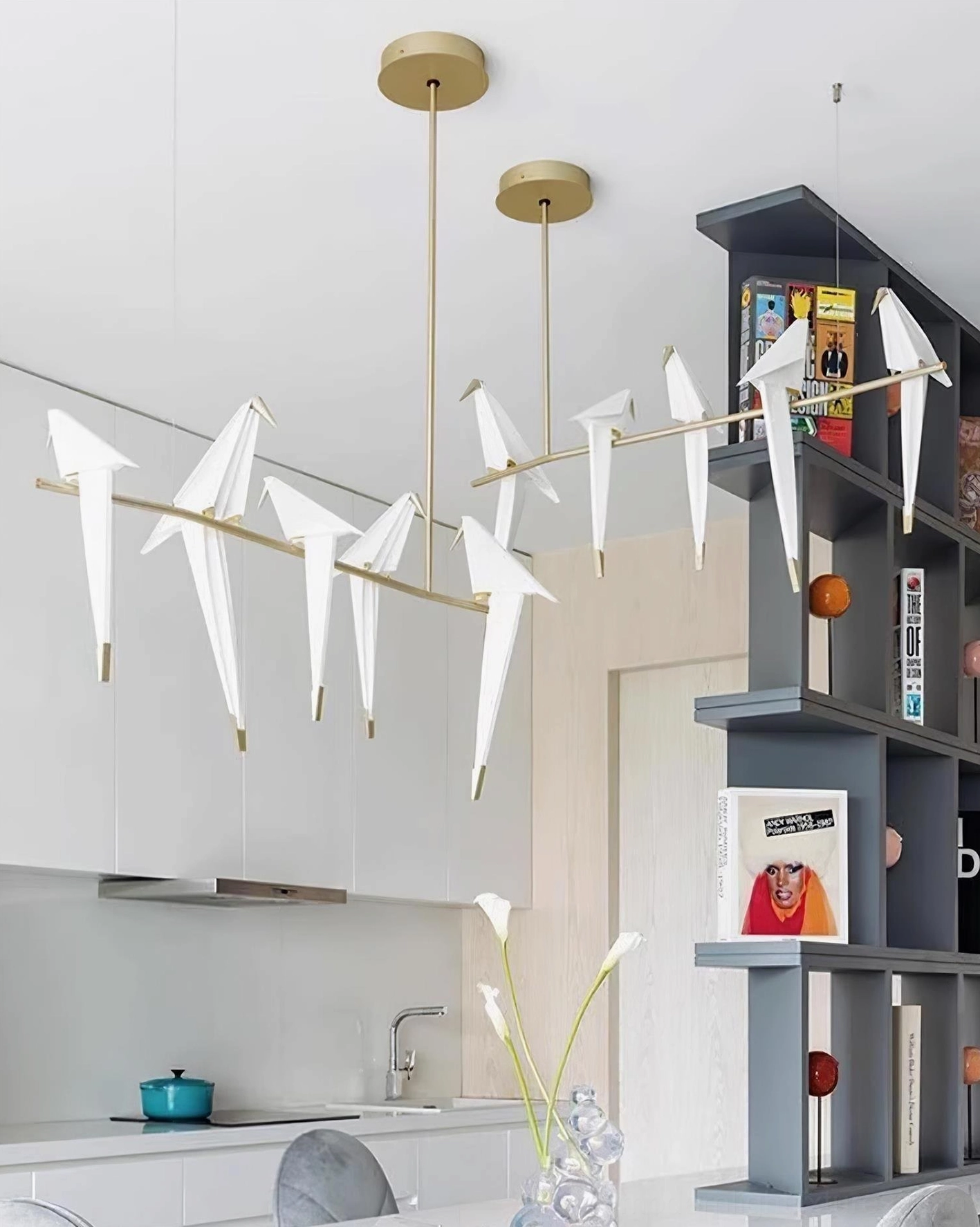 Origami crane light fixture size comparison 3-head 5-head options