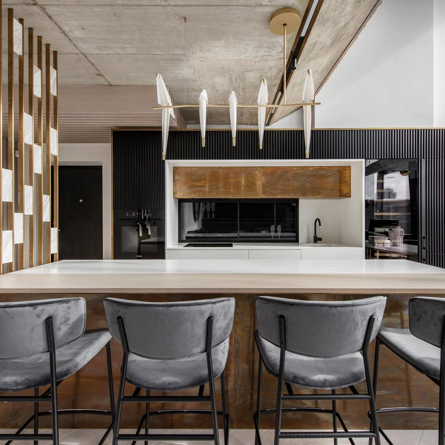 5-head origami crane kitchen island chandelier with grey velvet chairs industrial decor