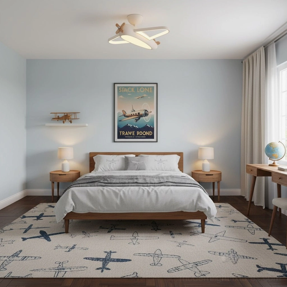 Cream-colored airplane ceiling lamp in master bedroom with neutral wall art and warm decor style