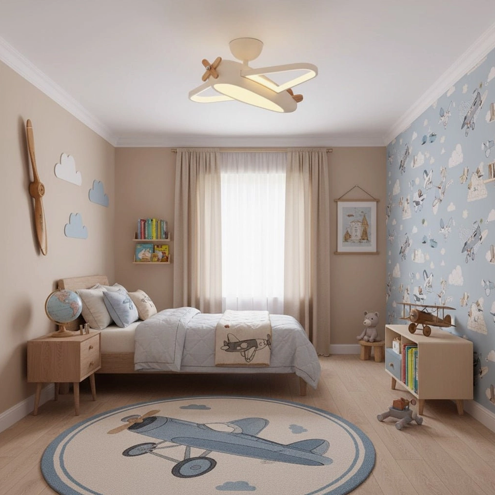 Cream airplane ceiling lamp overhead view in residential bedroom with airplane-themed rug and cozy atmosphere