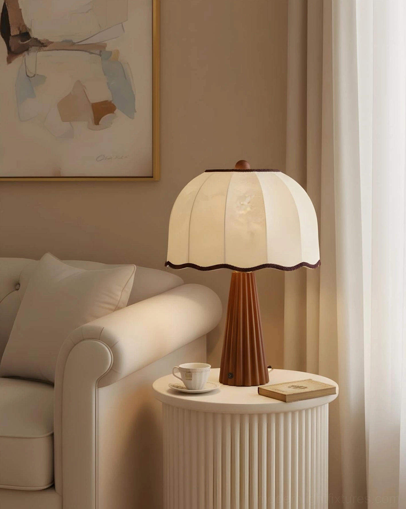 Cream fabric scalloped table lamp on ribbed side table - warm vintage aesthetic fluted brown base