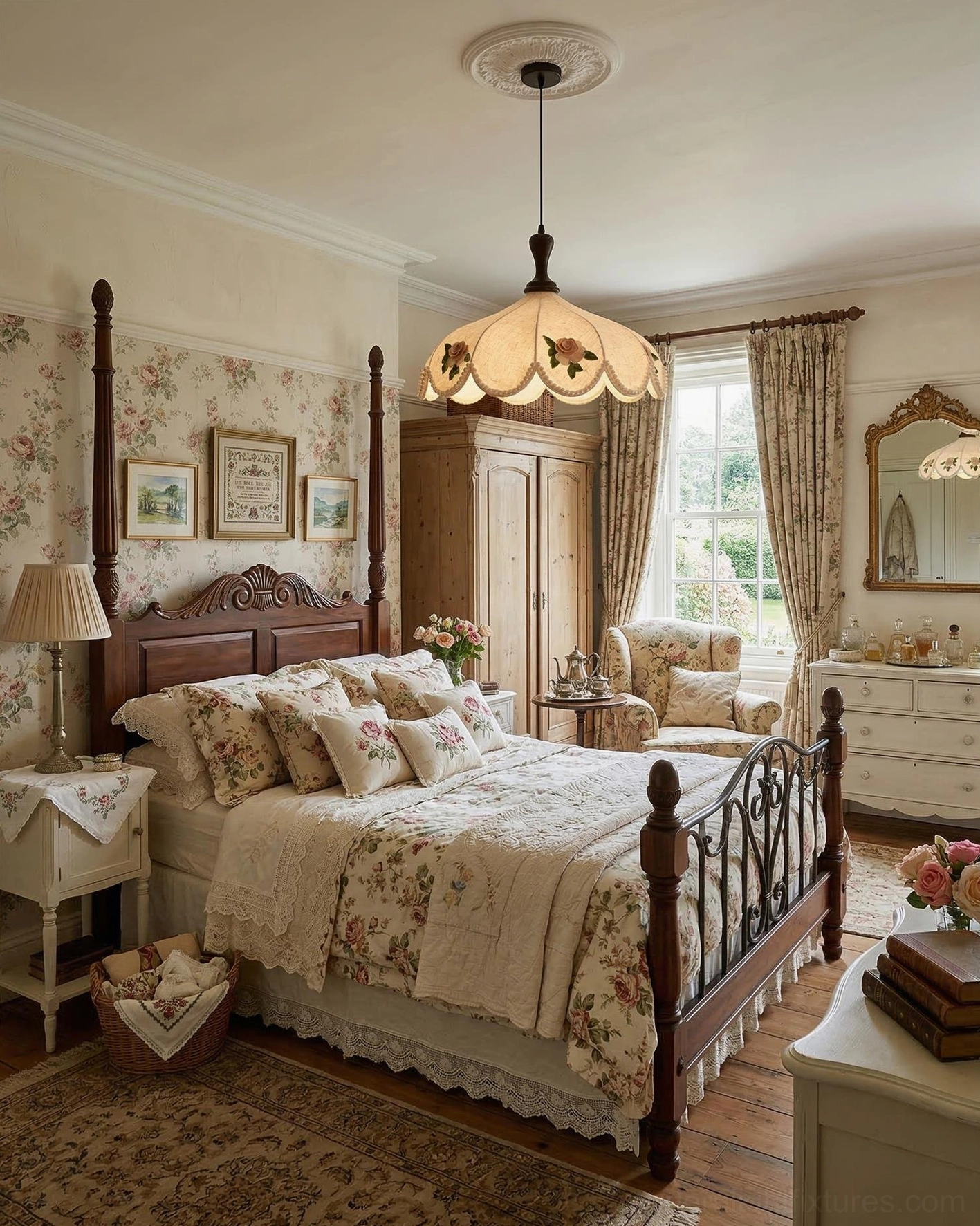 Cream fabric pendant with beaded scalloped edge and floral embroidery in classic country bedroom interior design