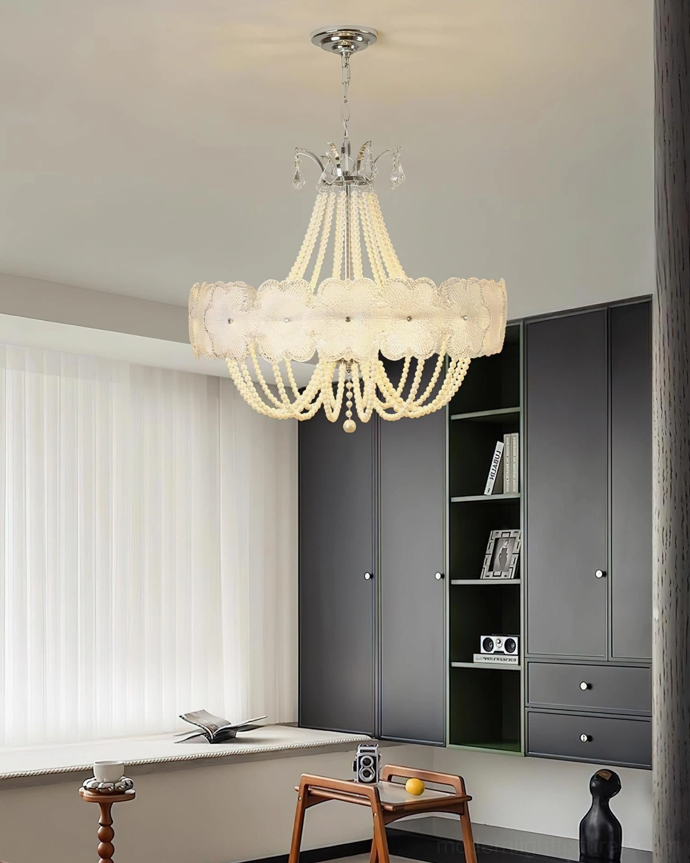 Cream-colored botanical flower chandelier in modern home study and living area, minimalist luxury design with pearl decorations