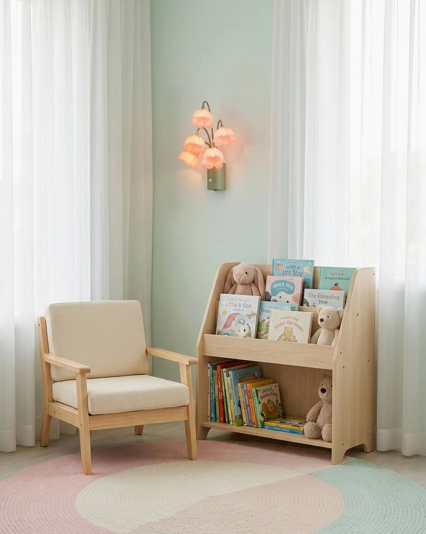 Cordless warm LED wall sconce with cream bell-flower shades in kid's reading nook with pastel mint green wall decor