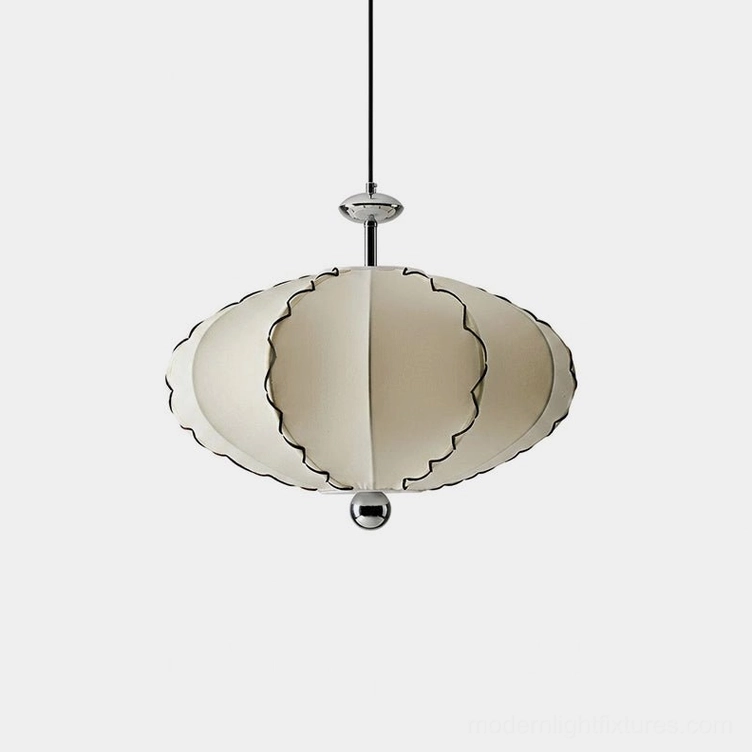 Cream pleated fabric pendant light with polished chrome hardware, studio overhead view showcasing eight-panel pleating detail and soft diffused glow