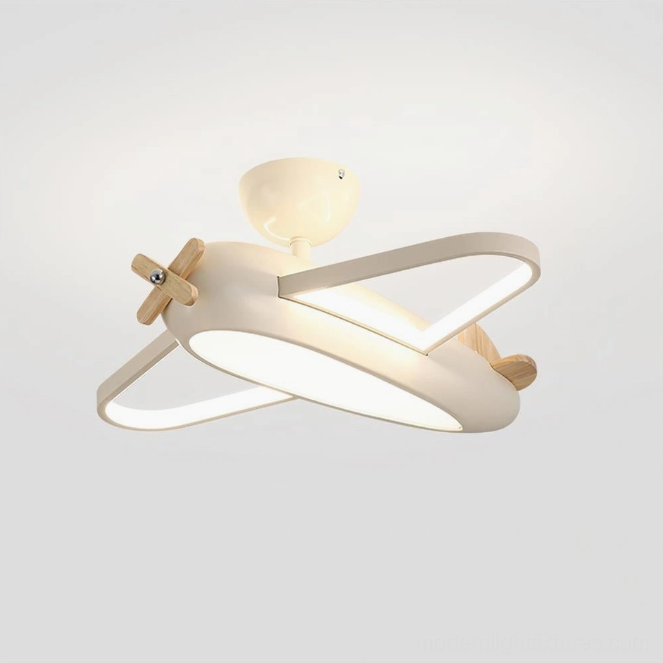 Cream white airplane ceiling light fixture with minimalist cartoon style and wooden propeller accent