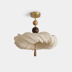 Cremelle twisted fabric semi-flush ceiling light with cream draped shade, brass hardware, and solid walnut wood beads - front product view