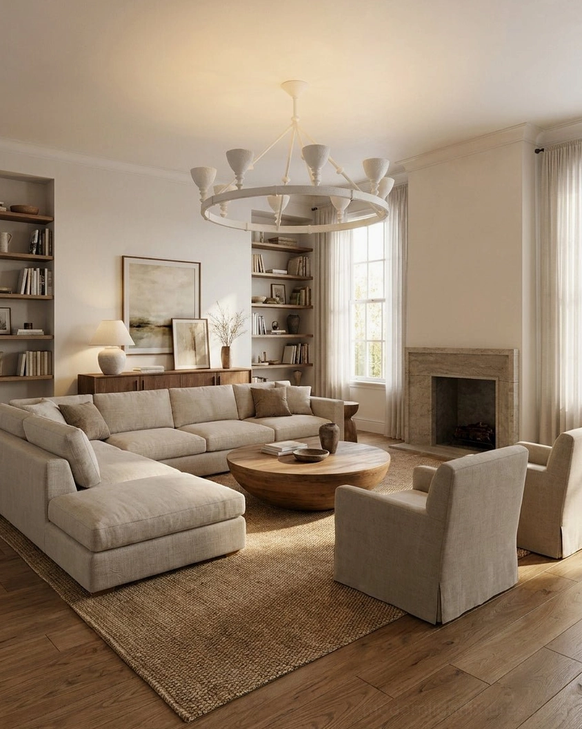 Cremora white ring chandelier hanging in cozy neutral minimalist living room with rustic textured finish