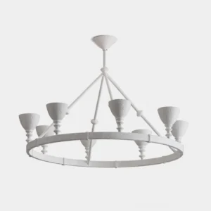 Cremora white ring chandelier overhead view showing sculptural circular form with textured matte finish and goblet-shaped candle cups