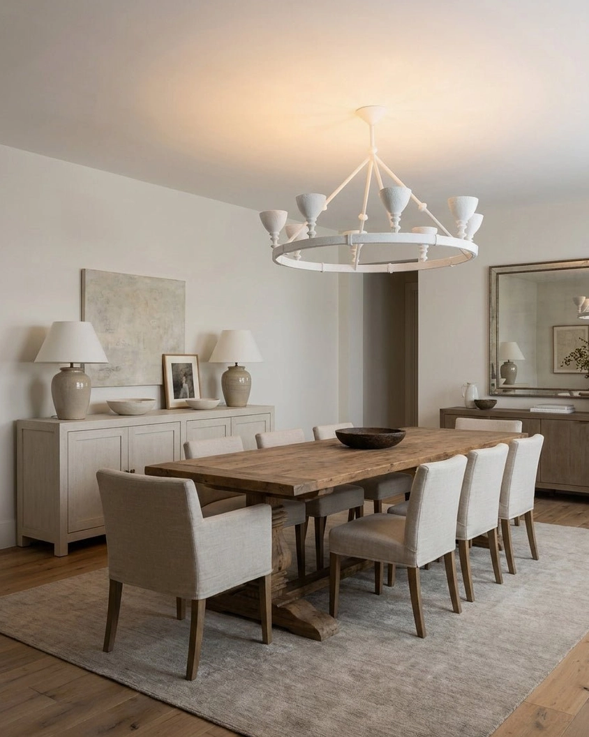 Cremora circular chandelier installed in formal dining space with neutral modern farmhouse decor brightening wooden dining area