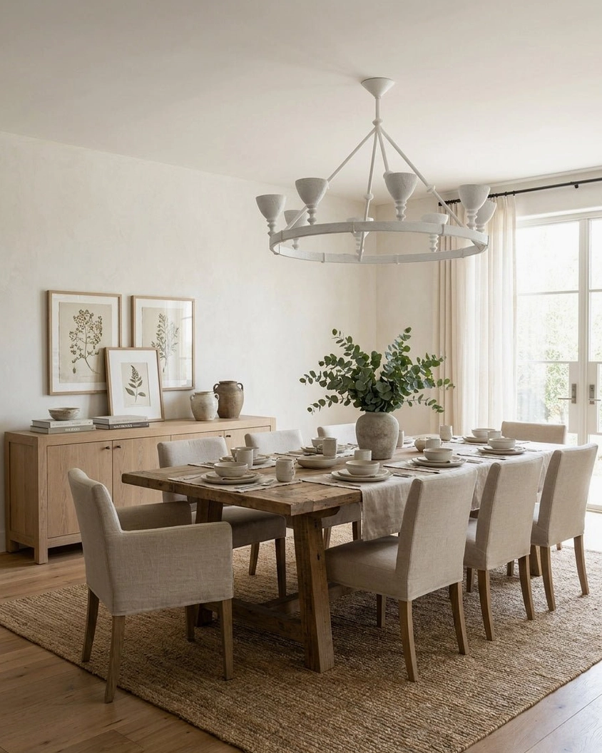 Cremora ring chandelier illuminated in farmhouse dining room creating warm ambient lighting above wooden table