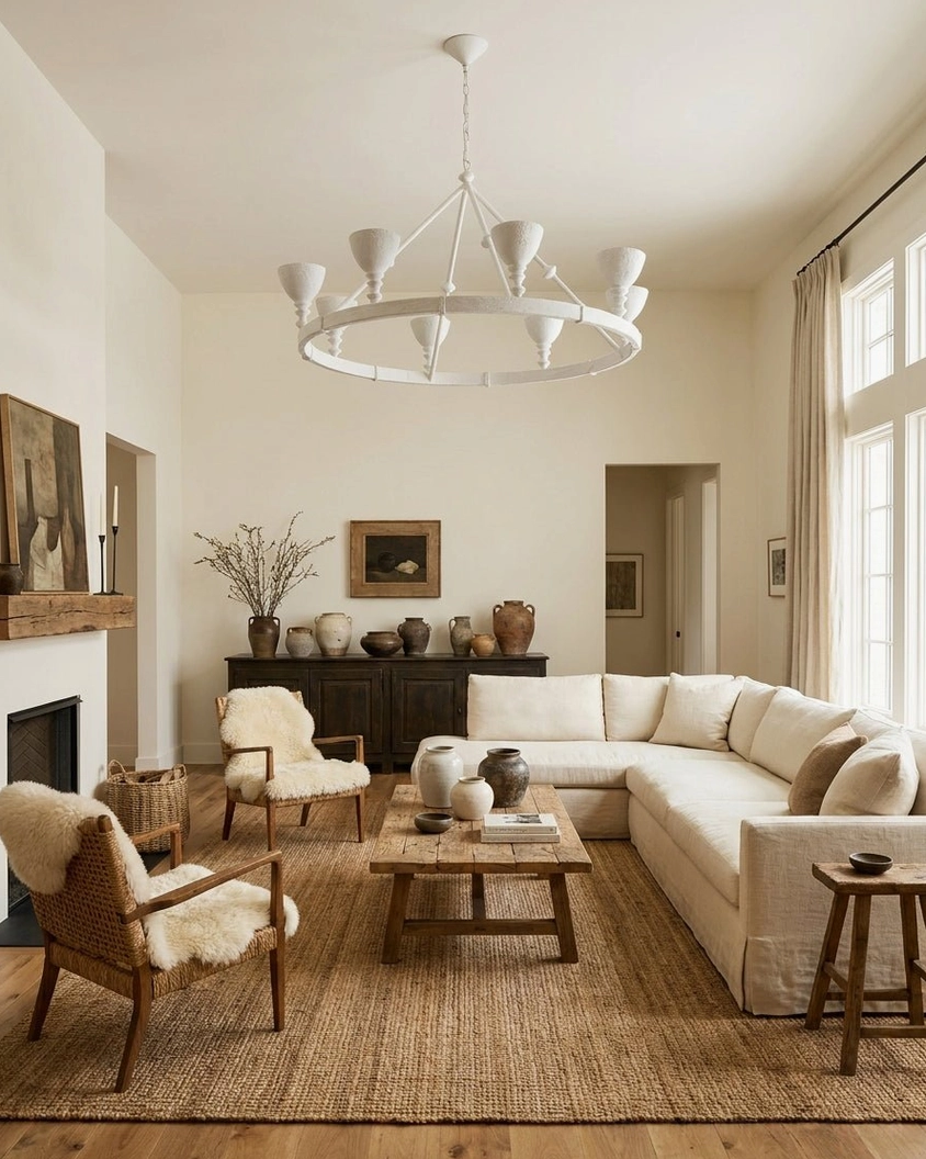 Cremora sculptural ring chandelier in spacious living room with fireplace creating elegant rustic ambiance