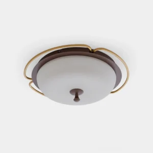 Crescent Orbit mid-century modern ceiling light fixture with brass frame and frosted glass - front view studio shot