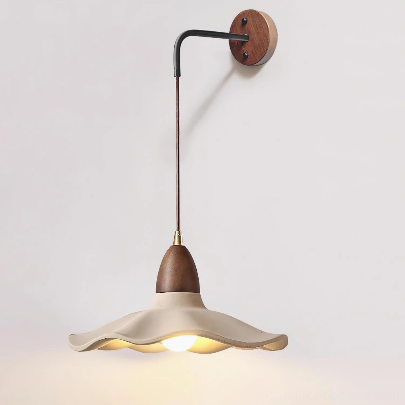 Contemporary pendant wall lamp with exposed bulb, matte beige cement finish and natural wood-metal hardware