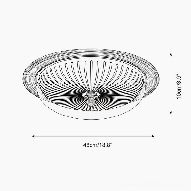 Crestfold 48cm ceiling lamp technical design sketch showing radial ribbed pleated dome structure and dimensions
