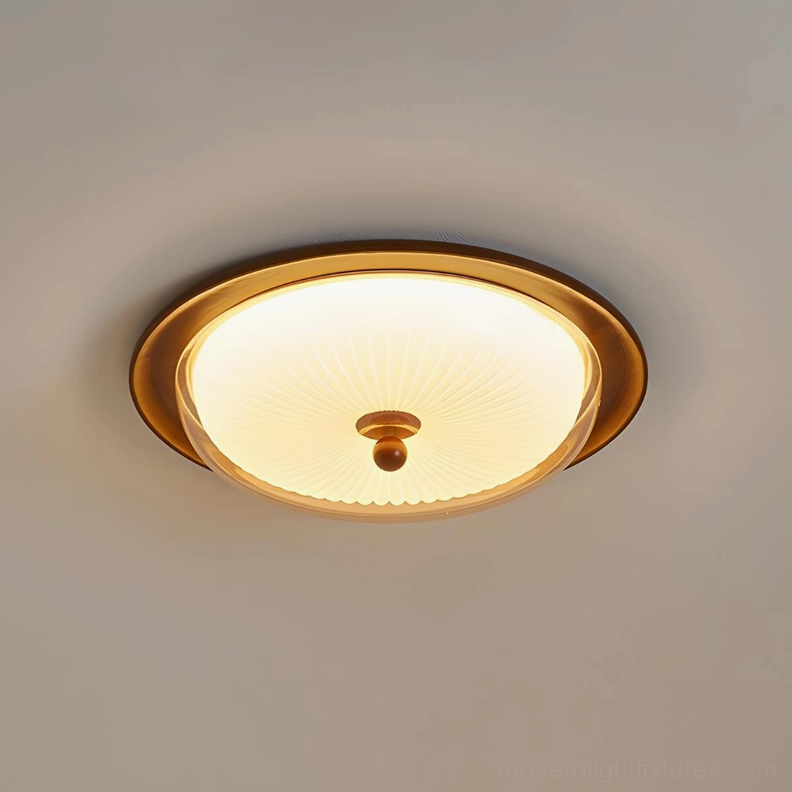 Lit Crestfold 58cm ceiling lamp with warm white 3000K LED glow, ribbed frosted glass diffuser creating soft ambient light
