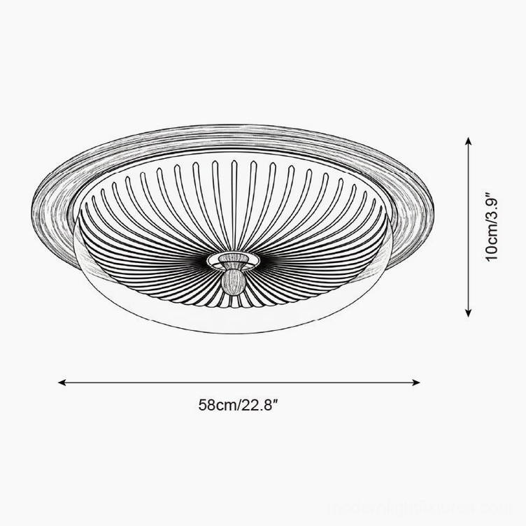 Crestfold 58cm ceiling lamp technical line drawing showing pleated acrylic dome and walnut wood base specifications