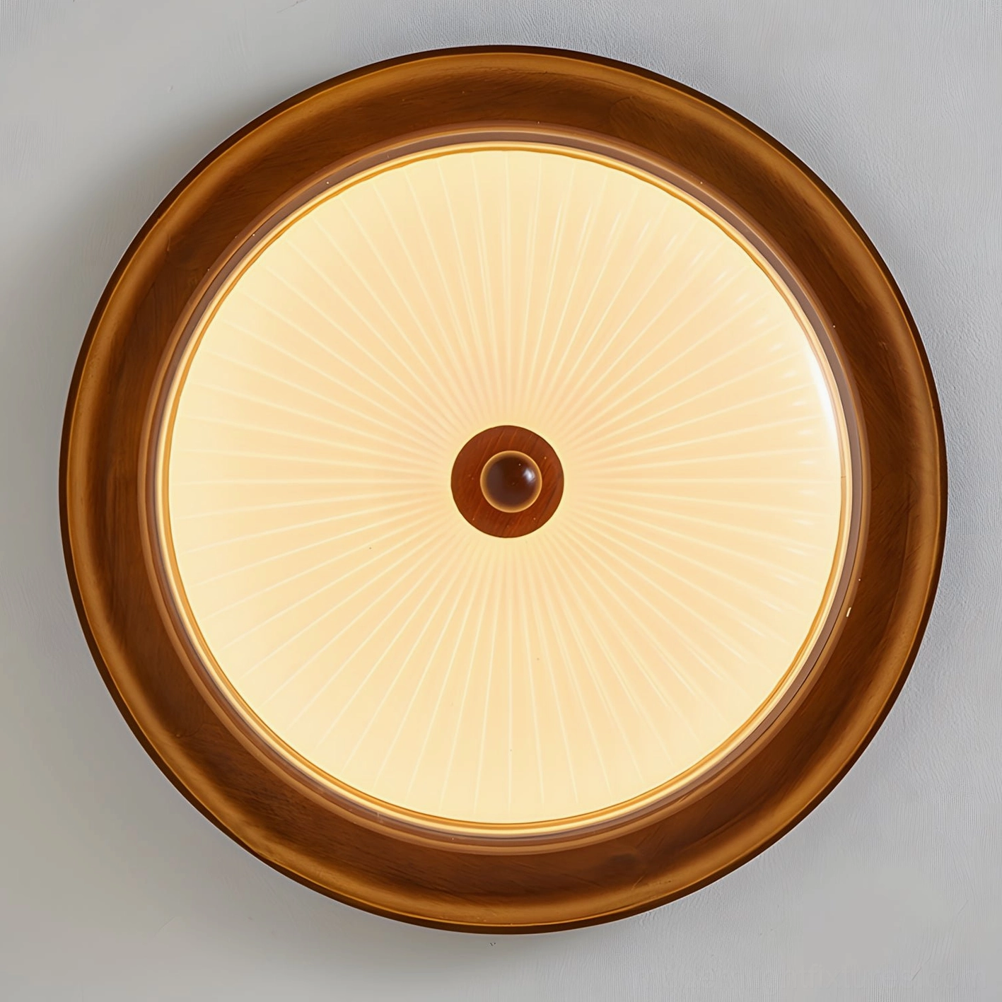Crestfold modern pleated ceiling light fixture product detail showcasing walnut wood trim acrylic dome and architectural design