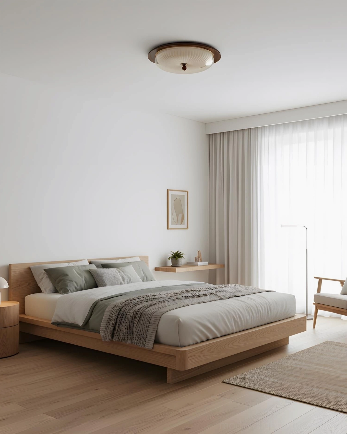 Crestfold ceiling lamp installed in modern minimalist bedroom with wooden bed and sheer curtains, Japandi interior design