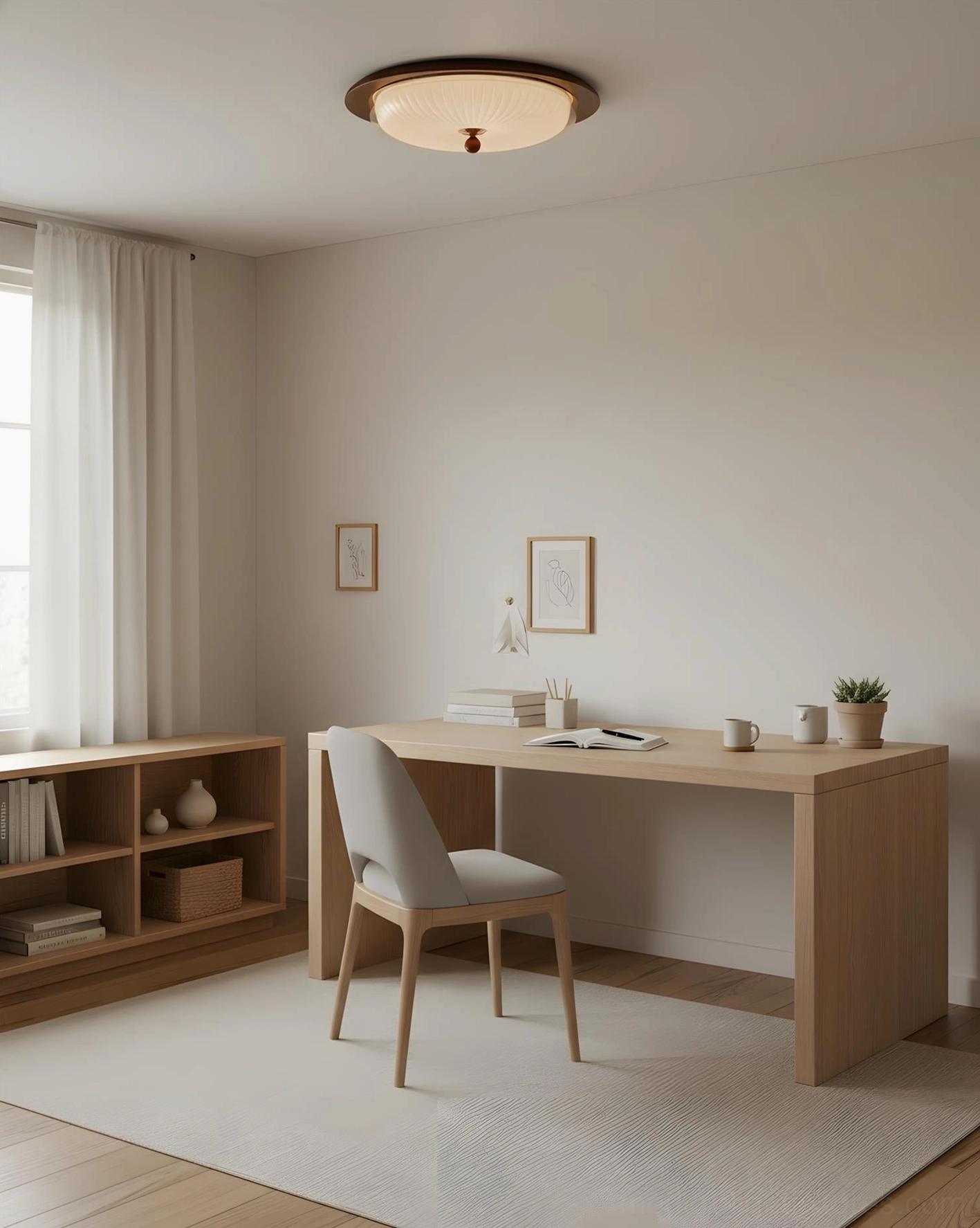 Crestfold modern ceiling light fixture in home office study room with wooden desk and bookshelf, minimalist workspace lighting