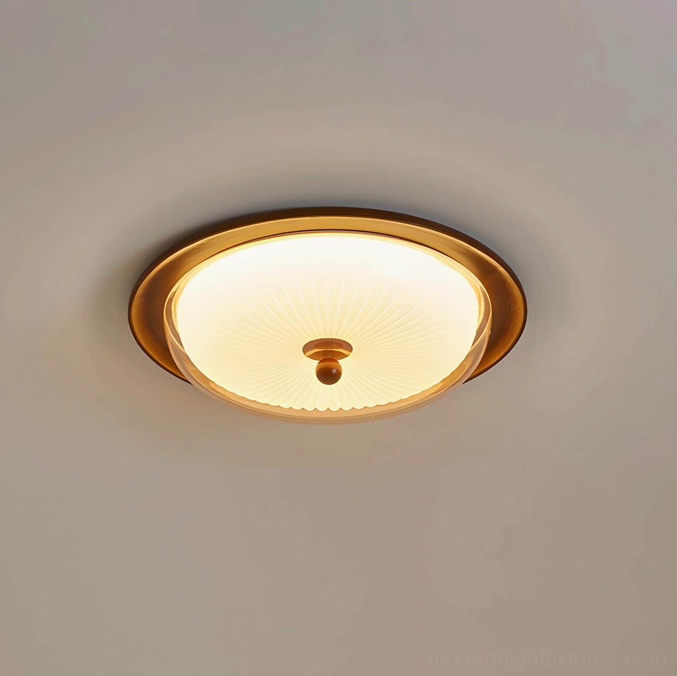 Glowing Crestfold pleated ceiling lamp with integrated LED, frosted acrylic shade casting soft warm light with ribbed pattern