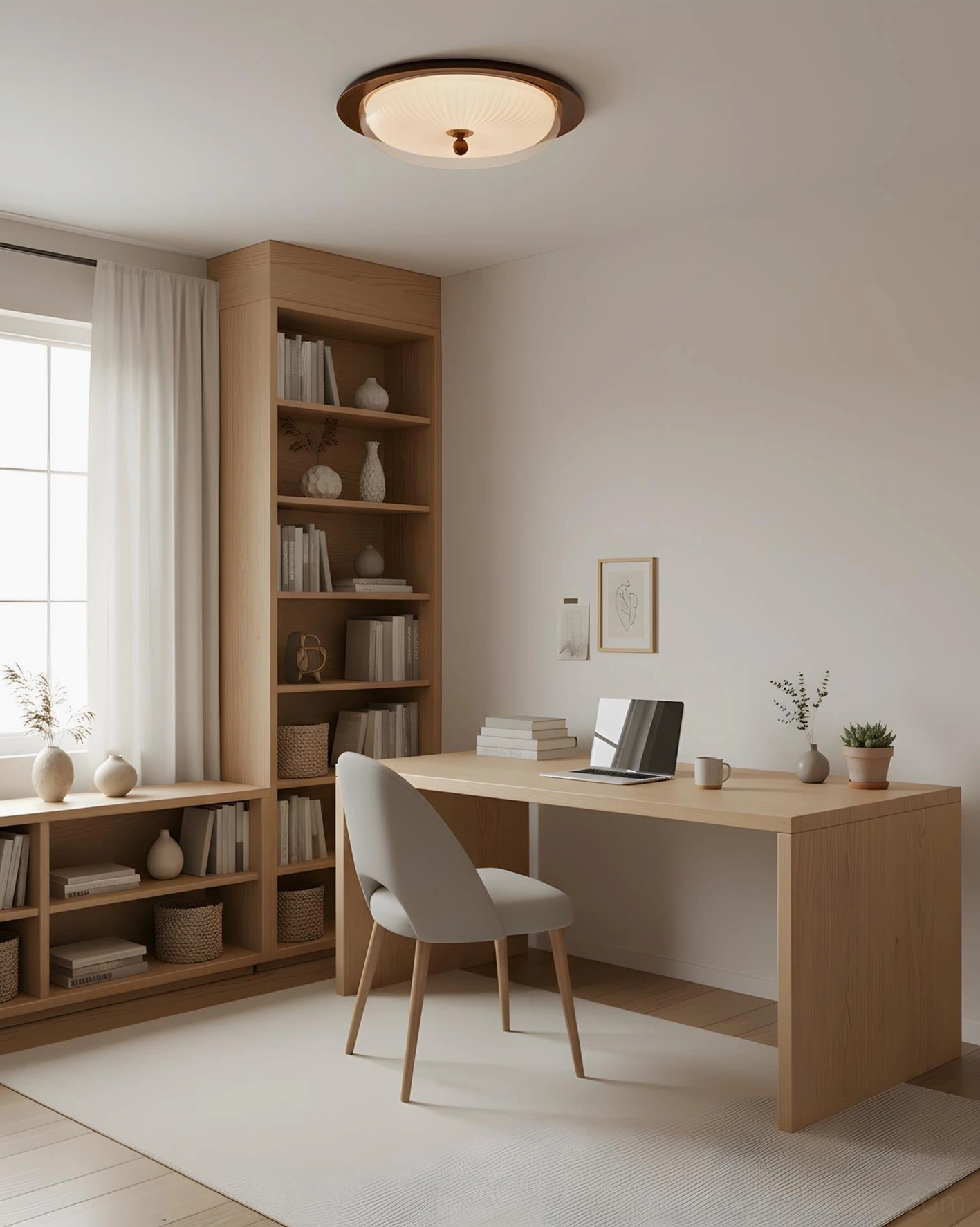 Crestfold ceiling light in spacious Japandi home study with full-height wooden bookshelf and warm ambient lighting