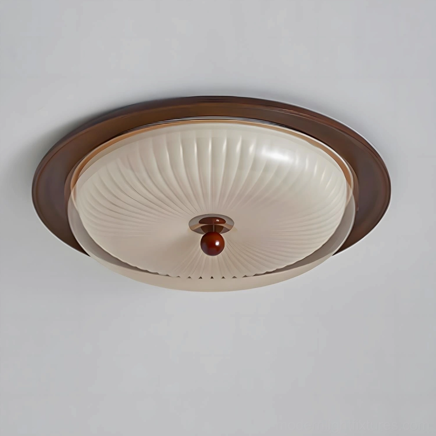 Crestfold pleated ceiling lamp walnut wood finish with textured acrylic dome, modern minimalist light fixture design