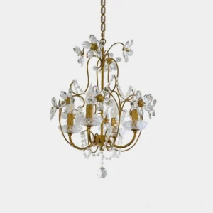 Cristavelle crystal pendant light with brass arms and faceted crystal blossoms in direct frontal studio view