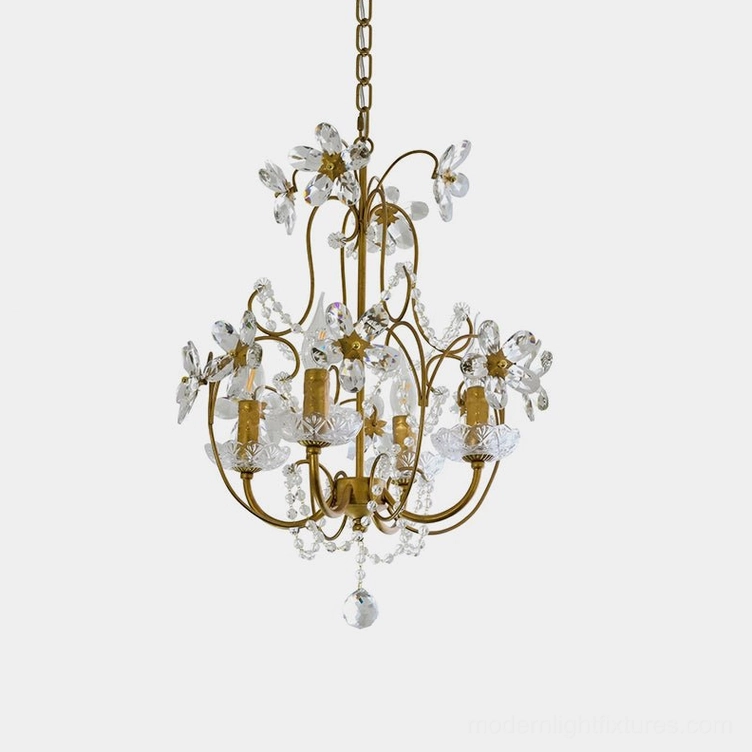 Cristavelle crystal pendant light with brass arms and faceted crystal blossoms in direct frontal studio view