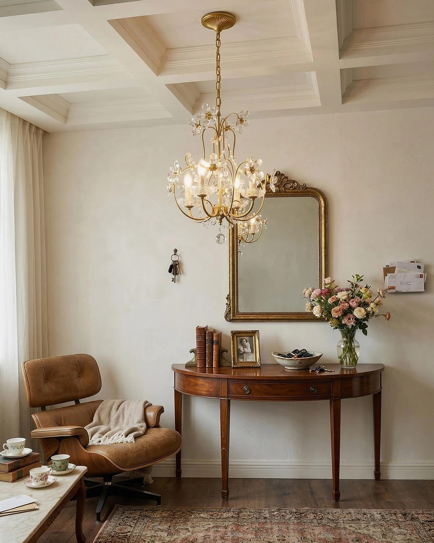 Crystal flower chandelier illuminating vintage entryway with beige walls and antique wooden furniture