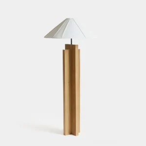Crossbase wooden floor lamp with white fabric shade and natural oak cross-shaped base, modern minimalist design