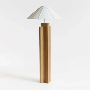 Crossbase floor lamp side angle showing geometric split-layer solid wood pole and minimalist construction