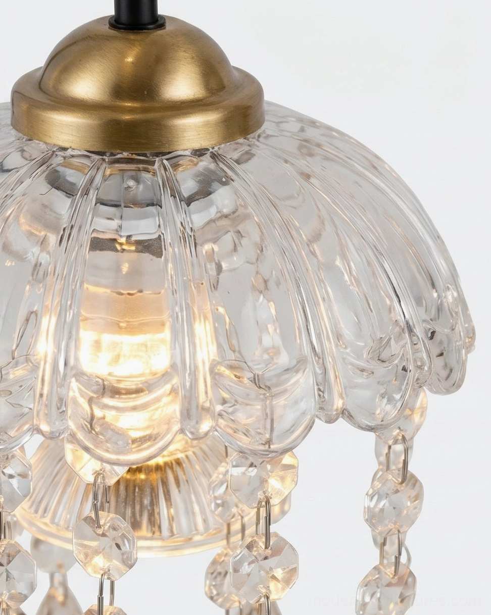 Crystal candle warmer lamp with halogen bulb showing flame-free wax melting, clear glass dome with hanging beads and teardrop crystals, wooden base detail