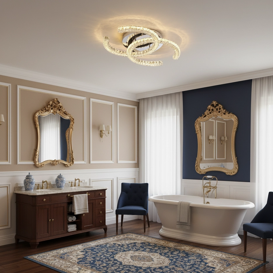 Damp-rated K9 crystal ceiling light in luxury bathroom with freestanding tub and ornate gold mirrors