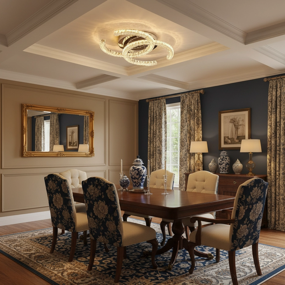 Crystal ceiling light fixture in formal dining room setting with ornate mirror, warm 3000K LED ambiance