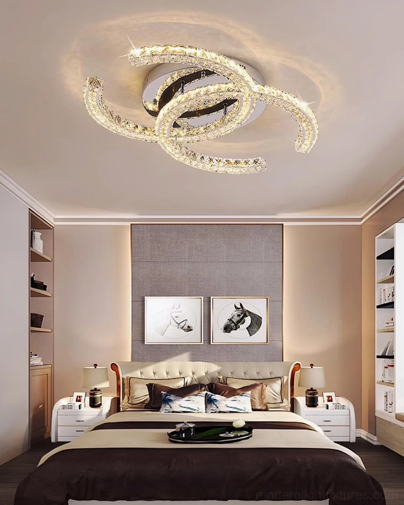 Full-size crystal ceiling light fixture with integrated 3000K warm white LED installation