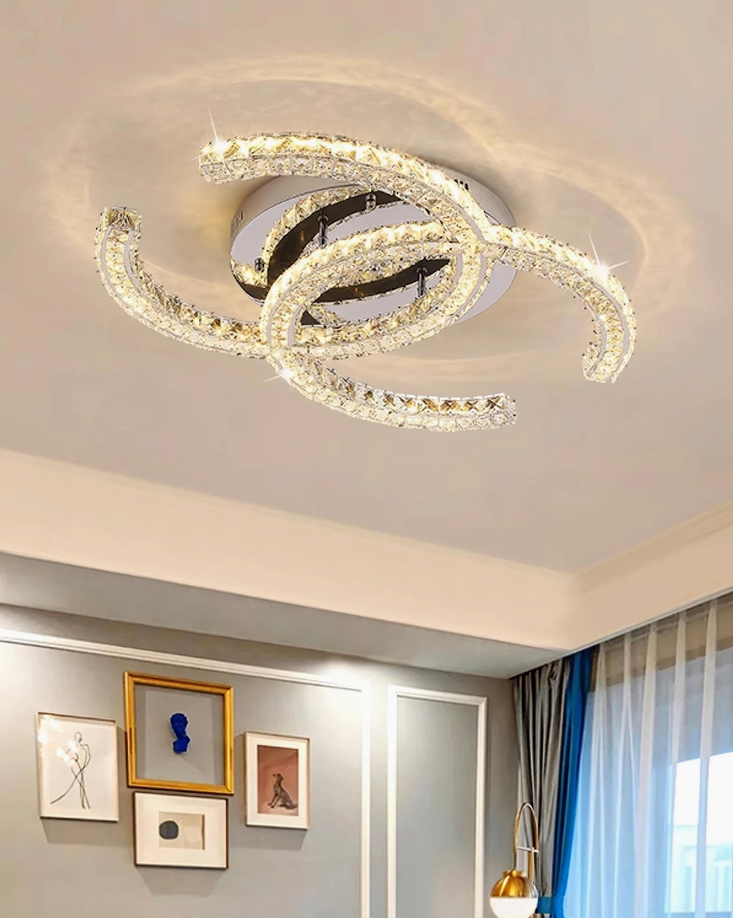 Crystal ceiling fixture light refraction and LED reflection detail on chrome finish