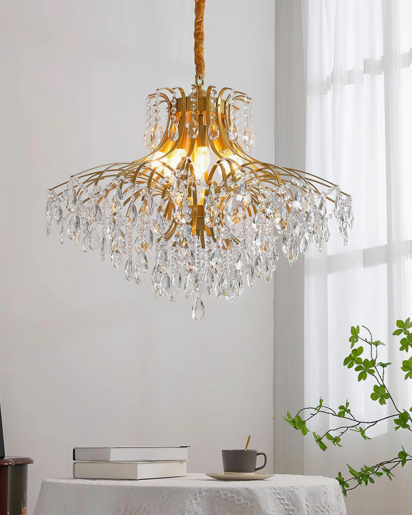Crystal wisteria chandelier dimmed setting creating intimate luxurious bedroom atmosphere with soft glow