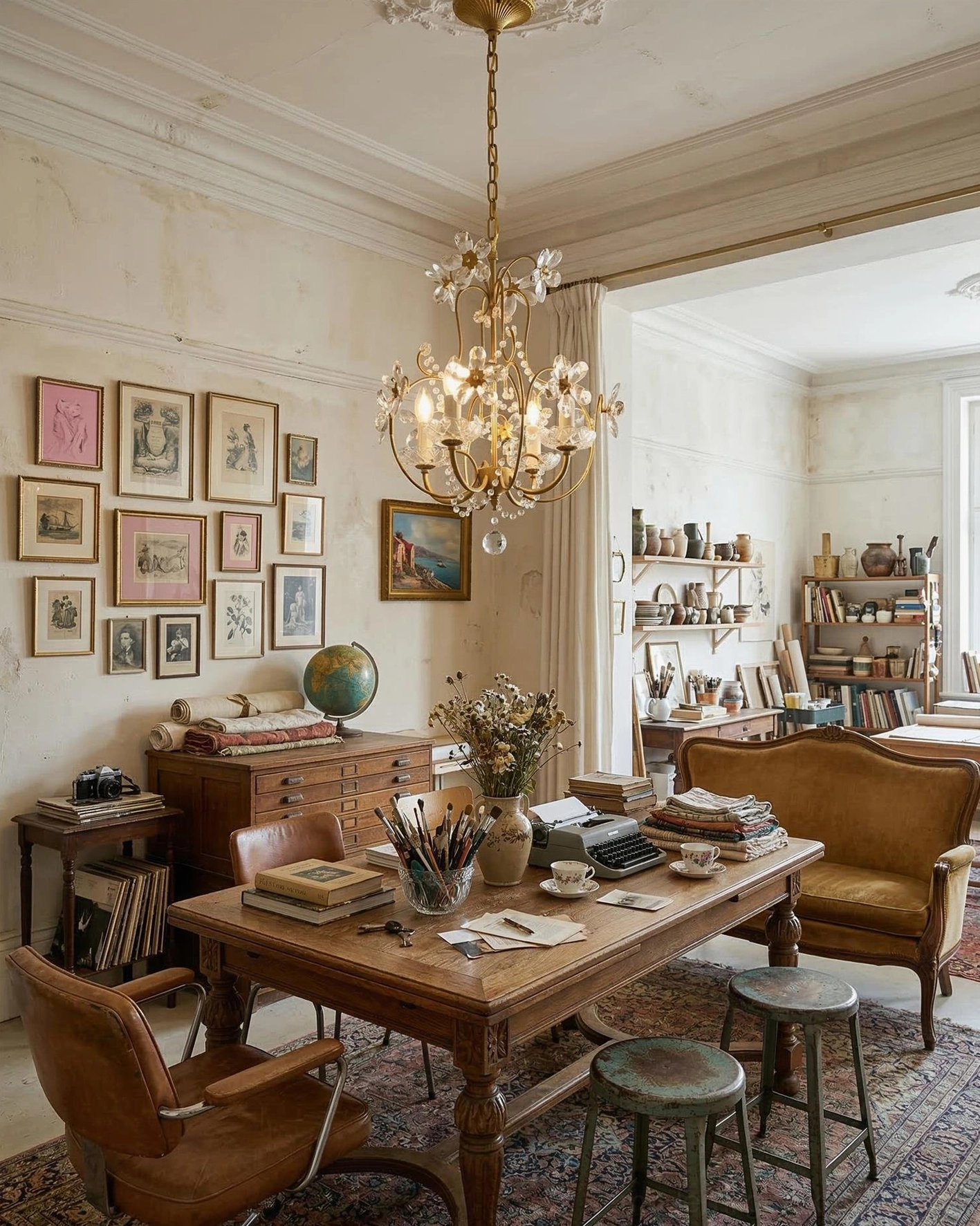 Cristavelle crystal pendant hanging in vintage home office with gallery wall and retro wooden furniture